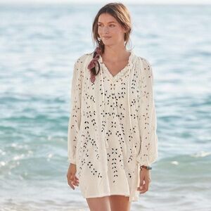 Sundance Trisha Eyelet White Fringe Trim V-Neck Tassel Tie CoverUp Dress Medium